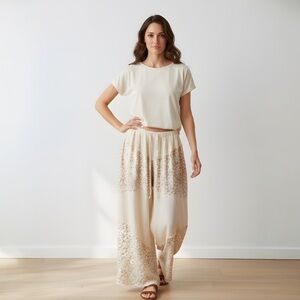 POL Cream and Tan Floral Flowy Wide Leg Pants